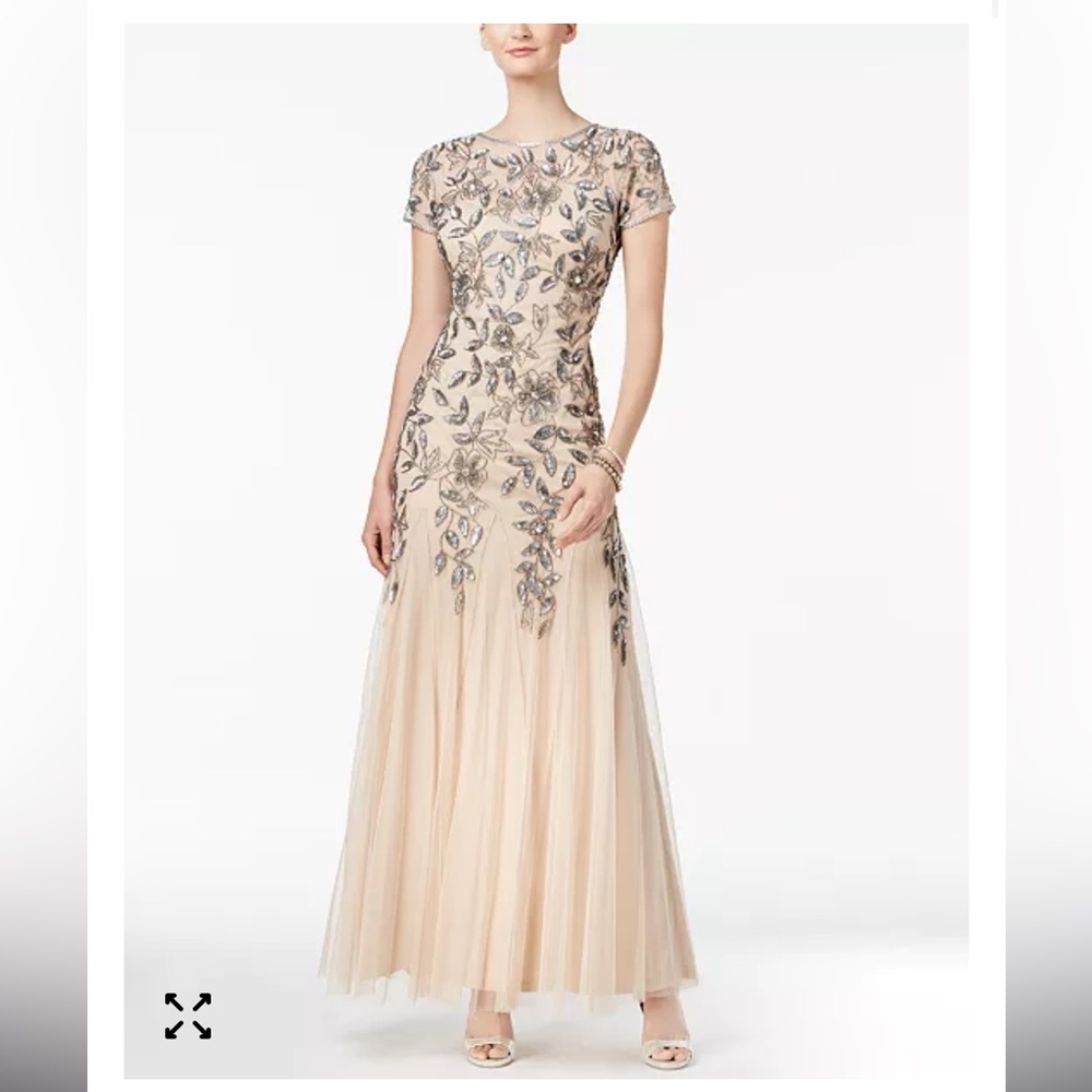 Adrianna Papell Beige and silver floral hand beaded Maxi Dress 10P